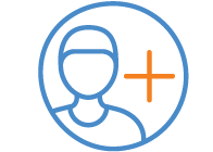 Icon of a person inside a blue circle with an orange plus sign to the right of the head.